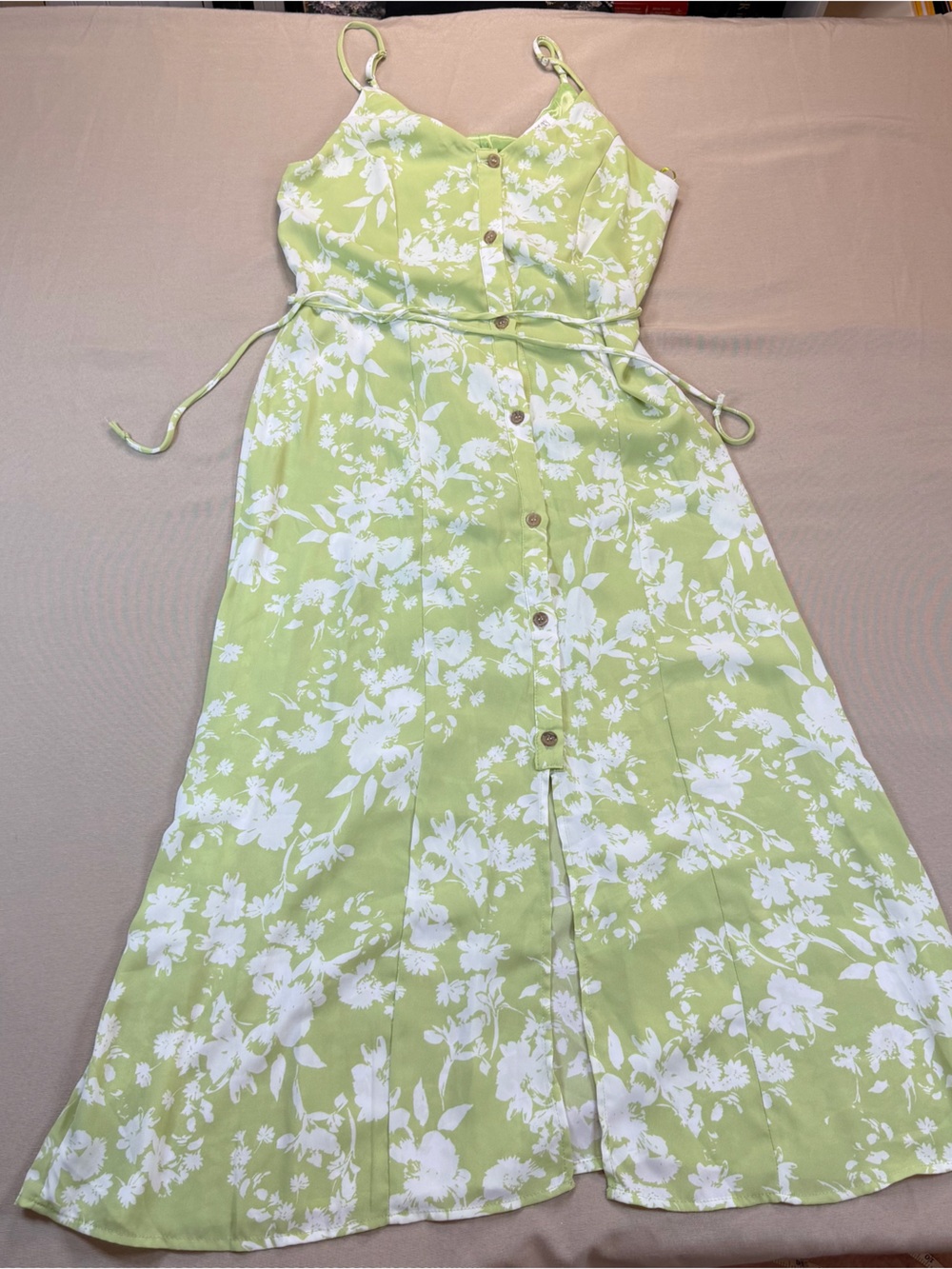 Sienna Sky Light Green & White Floral Button-Front Maxi Dress with Tie Waist